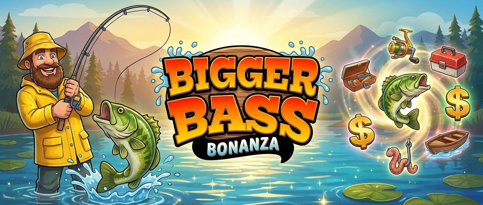 Bigger Bass Bonanza banner con peces, caña de pescar y botas amarillas