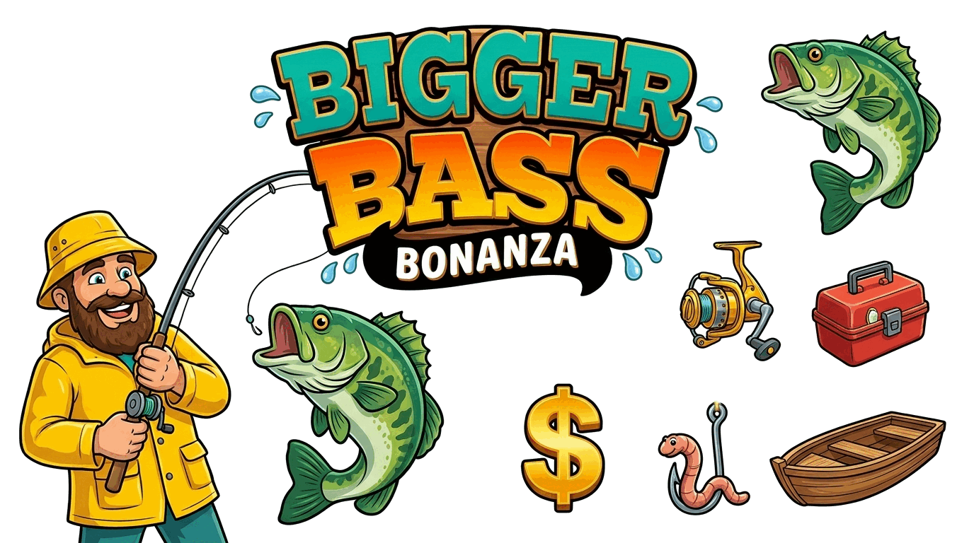 Ilustración de Bigger Bass Bonanza con pescador, peces y caña dorada