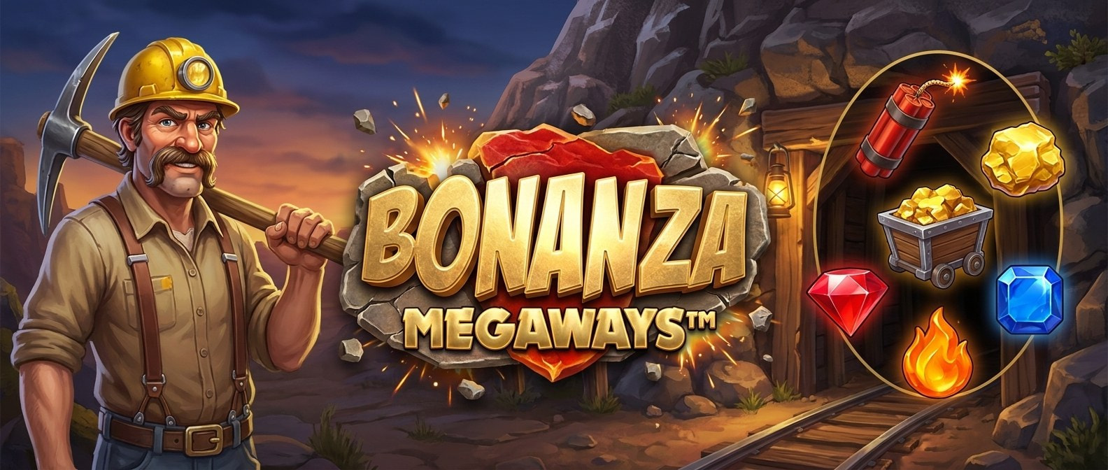 Bonanza Megaways banner con carros de mina, dinamita y logo dorado