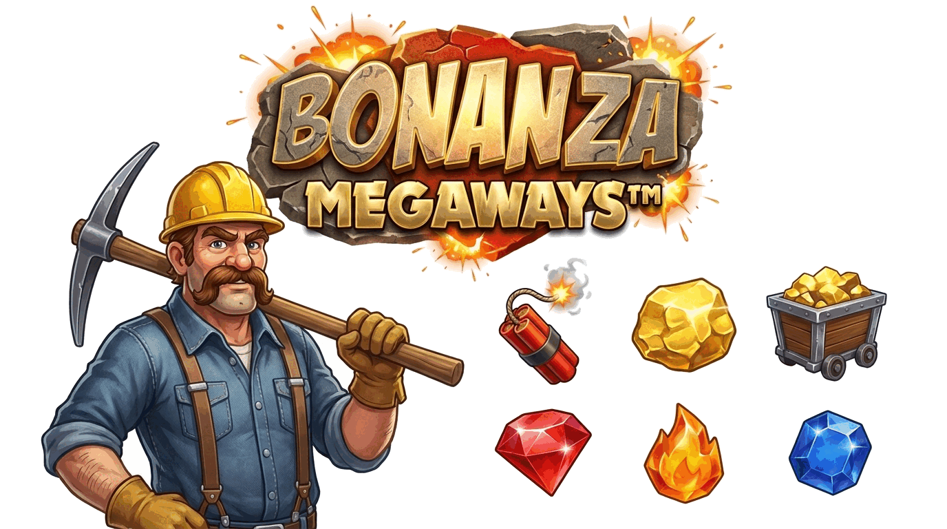 Ilustración de Bonanza Megaways con carros de mina, dinamita y símbolos dorados