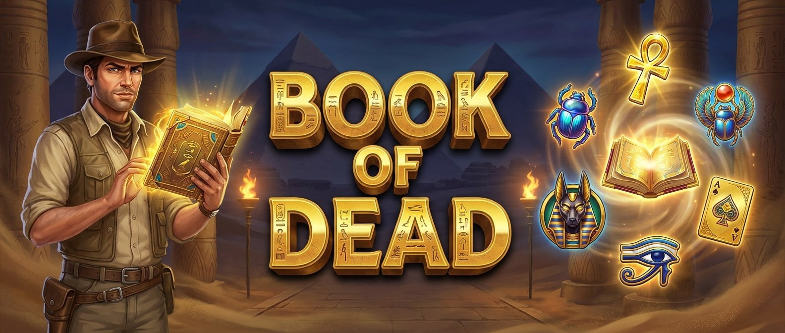 Book of Dead banner con Rich Wilde, pirámides y el libro dorado