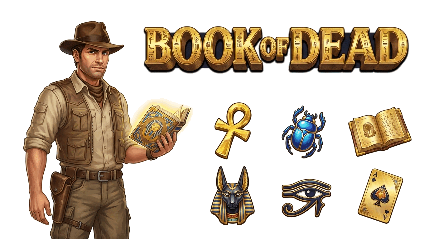 Ilustración de Book of Dead con Rich Wilde, el libro dorado y símbolos egipcios