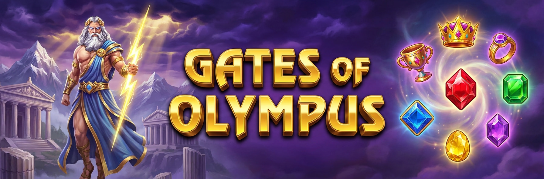 Gates of Olympus banner con Zeus, título y símbolos de la slot