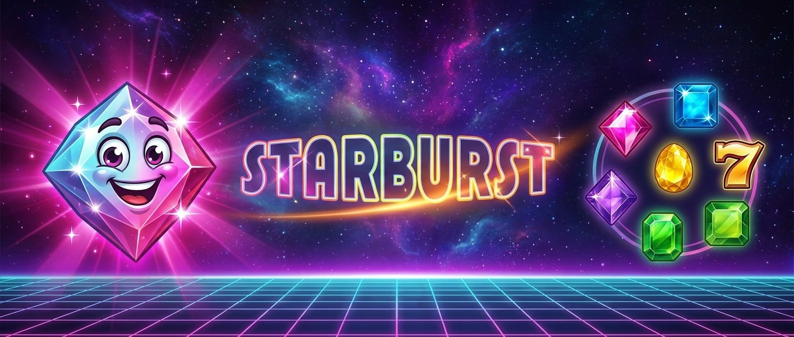 Starburst banner con gemas cósmicas, estrella central y fondo galáctico