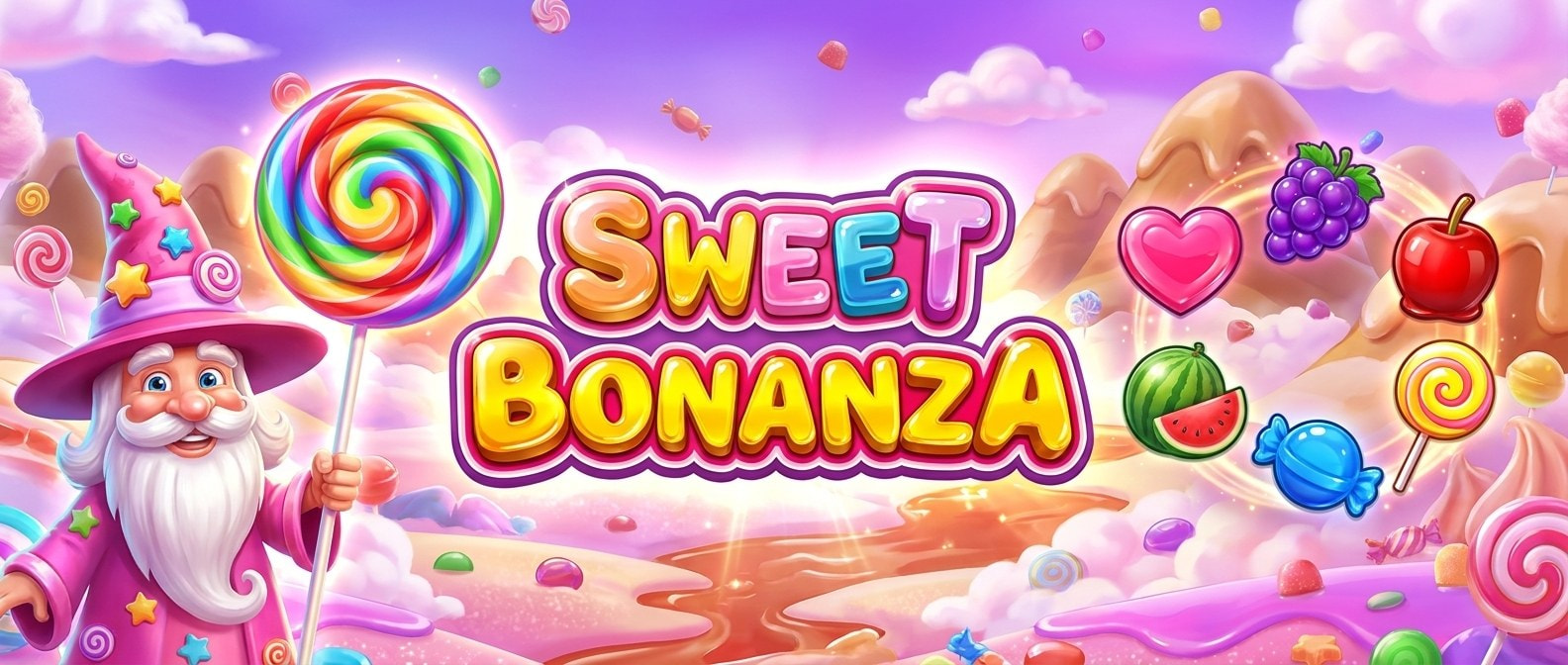 Sweet Bonanza banner con caramelos, frutas y logo de la slot
