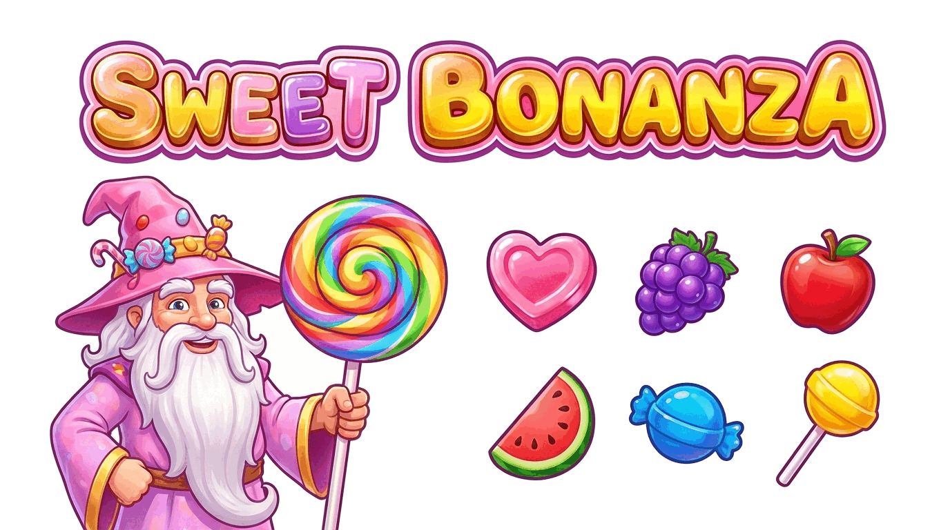 Ilustración de Sweet Bonanza con caramelos, corazones y frutas flotantes