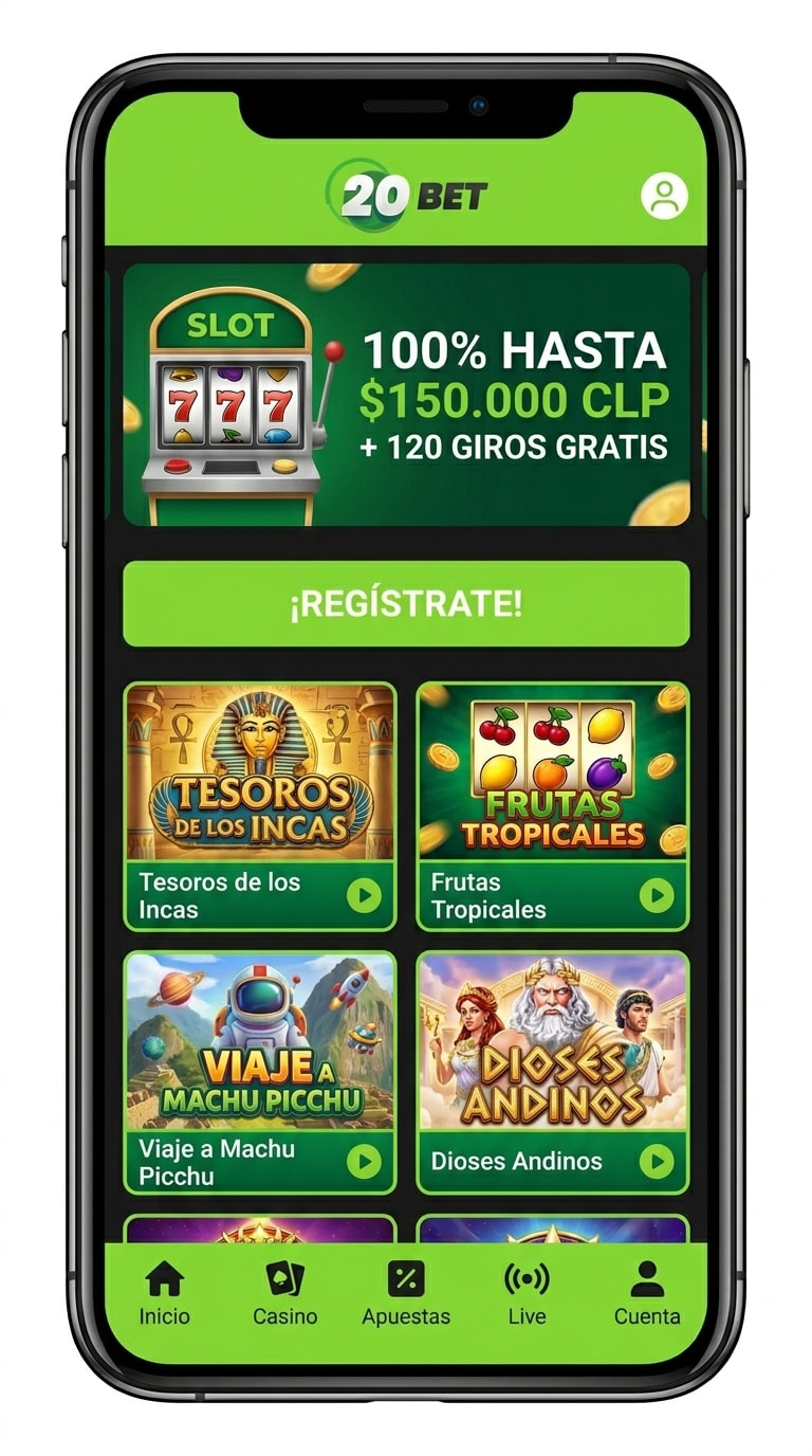 Pantalla de inicio de 20bet en el celular con el banner del bono de bienvenida