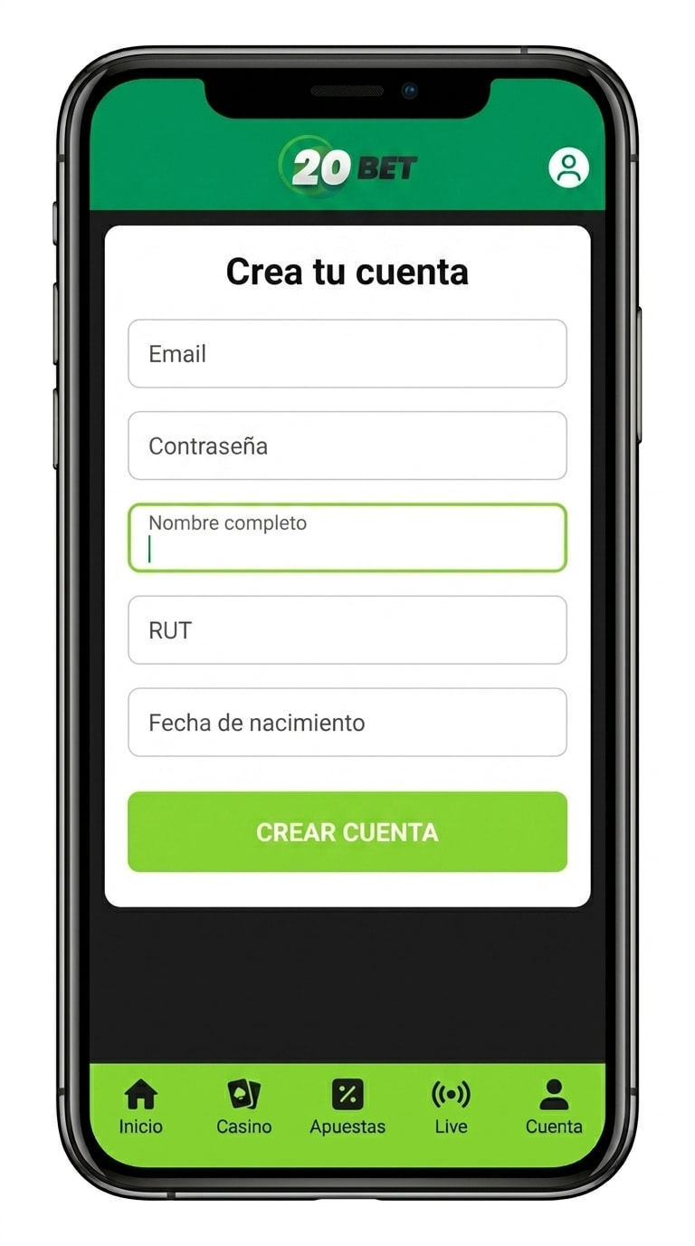 Formulario de registro de 20bet con email, contraseña y RUT