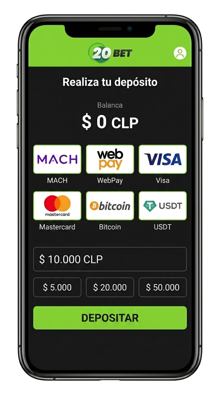 Pantalla de depósito de 20bet con MACH, WebPay, tarjetas y cripto