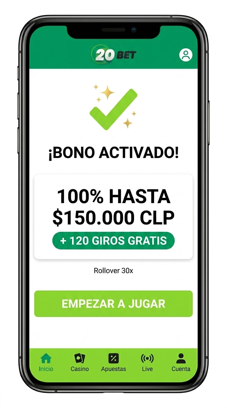 Confirmación de activación del bono de bienvenida 100% de 20bet