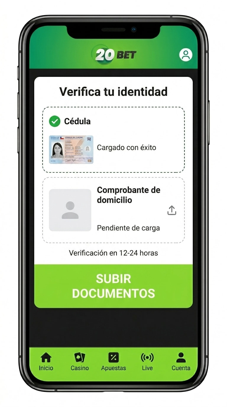 Pantalla de verificación KYC de 20bet con subida de cédula