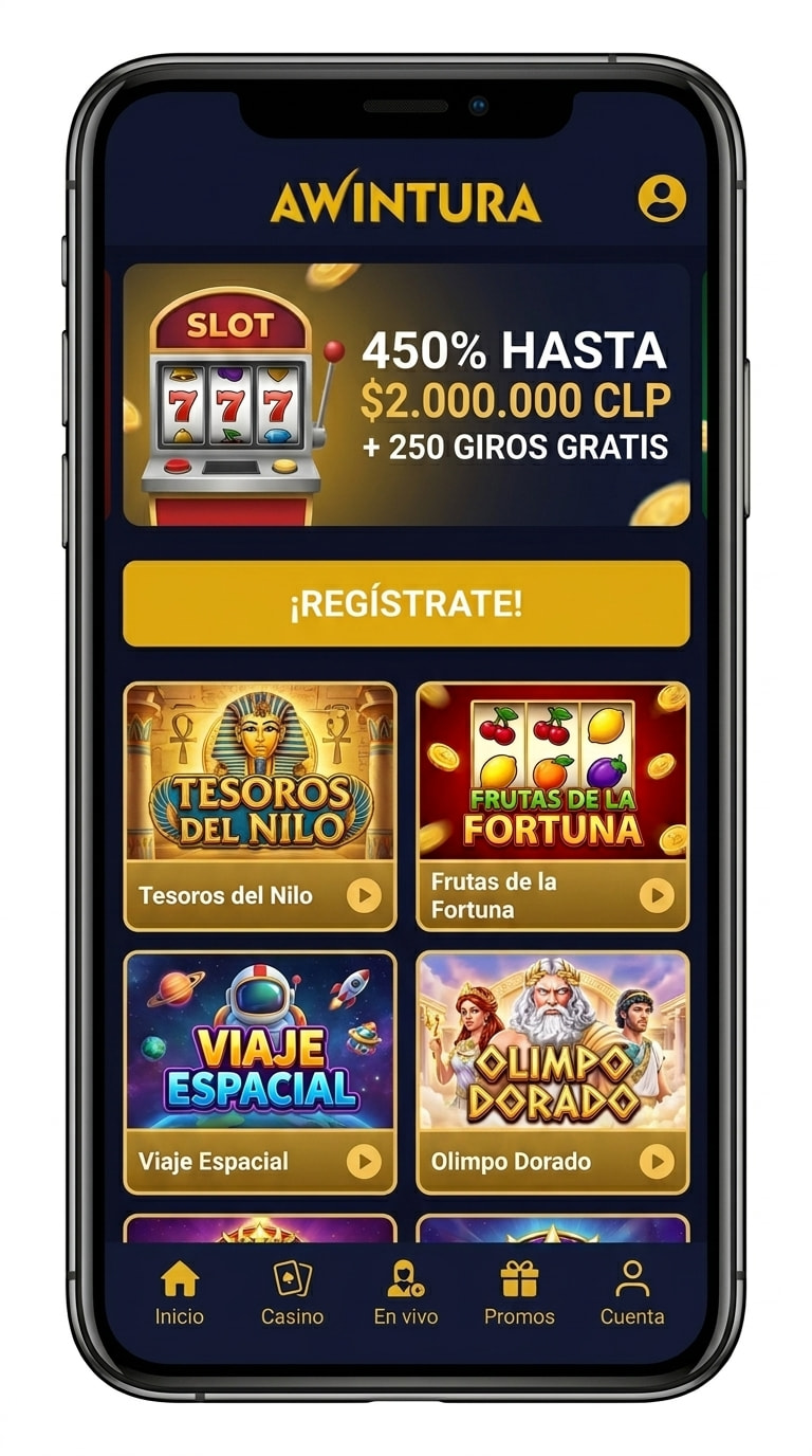 Pantalla de inicio de Awintura en el celular con el banner del bono de bienvenida