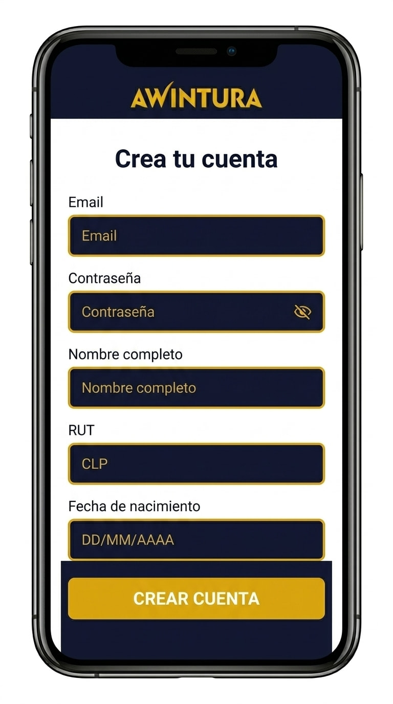 Formulario de registro de Awintura con email, contraseña y RUT