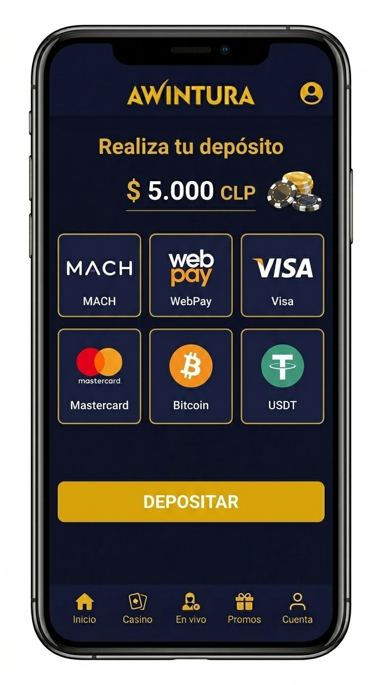 Pantalla de depósito de Awintura con MACH, WebPay, tarjetas y cripto