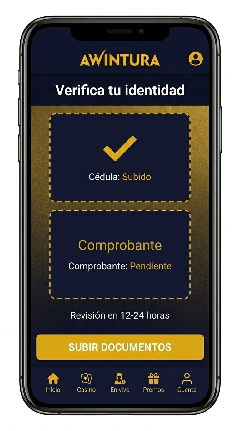 Pantalla de verificación KYC de Awintura con subida de cédula