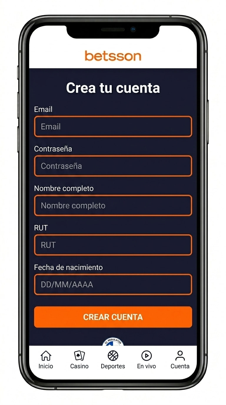 Formulario de registro de Betsson con email, contraseña y RUT