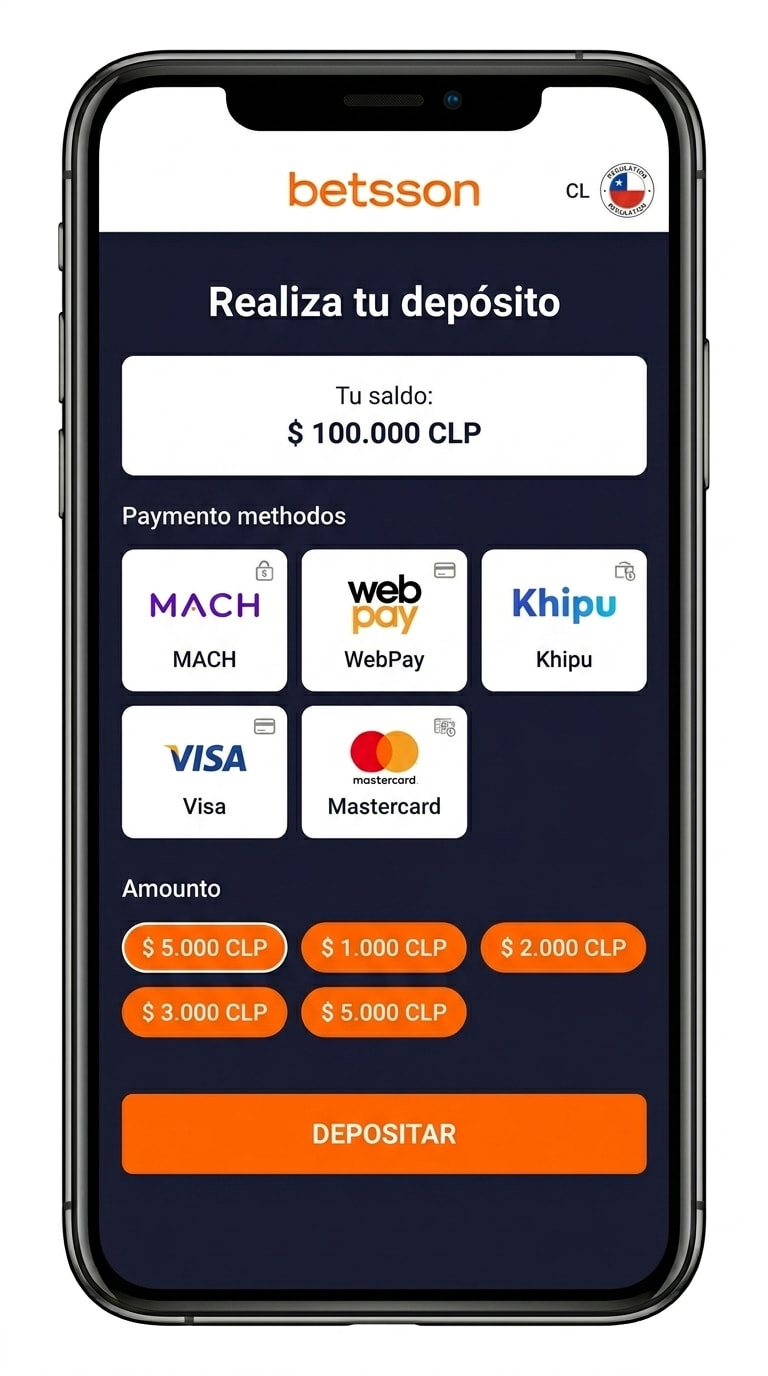 Pantalla de depósito de Betsson con MACH, WebPay, tarjetas y cripto