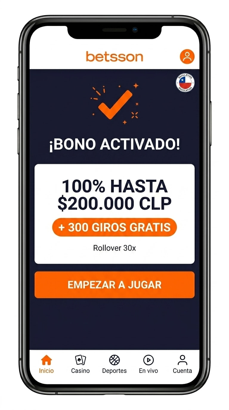 Confirmación de activación del bono de bienvenida 100% de Betsson