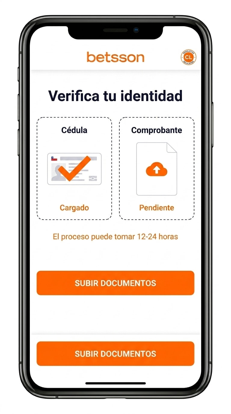Pantalla de verificación KYC de Betsson con subida de cédula