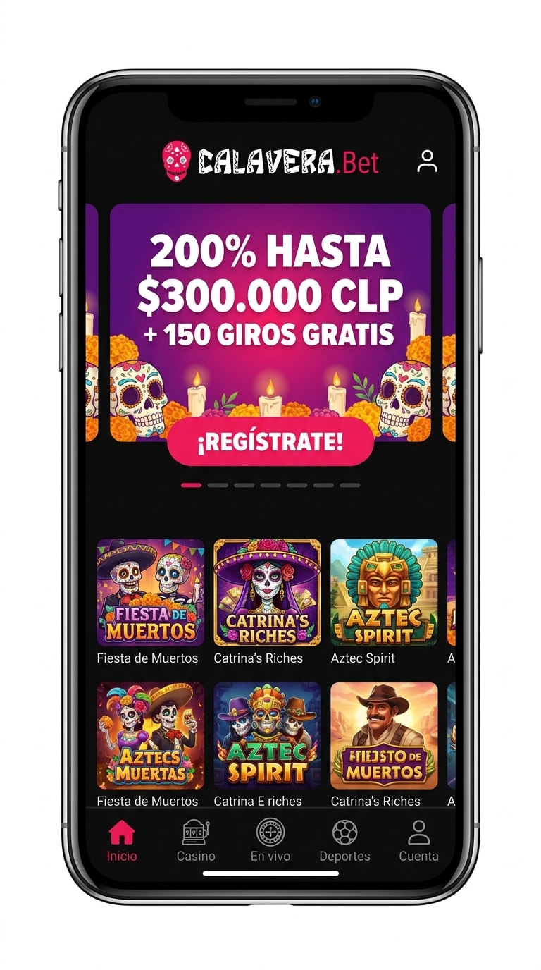 Pantalla de inicio de Calavera en el celular con el banner del bono de bienvenida