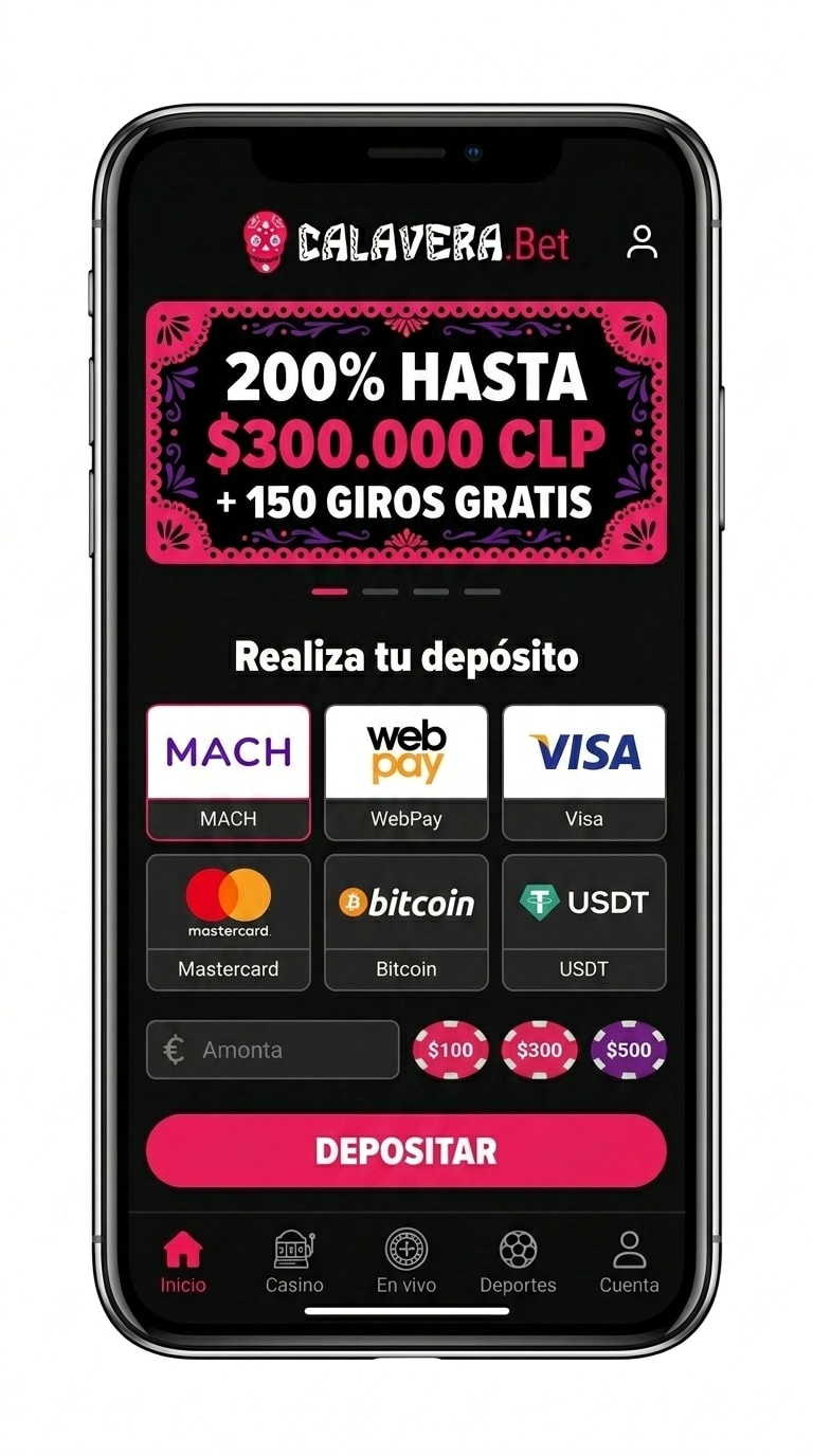 Pantalla de depósito de Calavera con MACH, WebPay, tarjetas y cripto