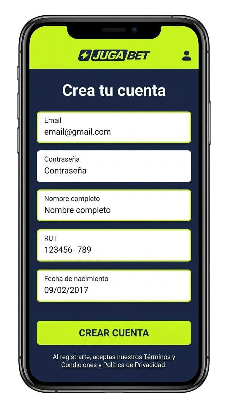 Formulario de registro de Jugabet con email, contraseña y RUT