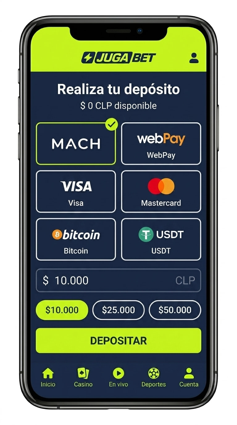 Pantalla de depósito de Jugabet con MACH, WebPay, tarjetas y cripto