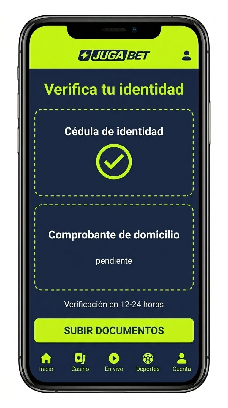 Pantalla de verificación KYC de Jugabet con subida de cédula