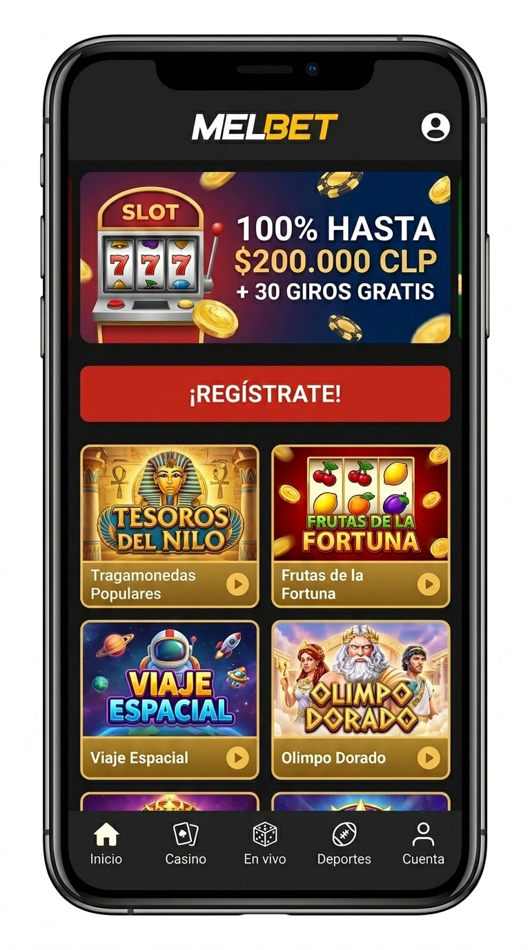 Pantalla de inicio de Melbet en el celular con el banner del bono de bienvenida