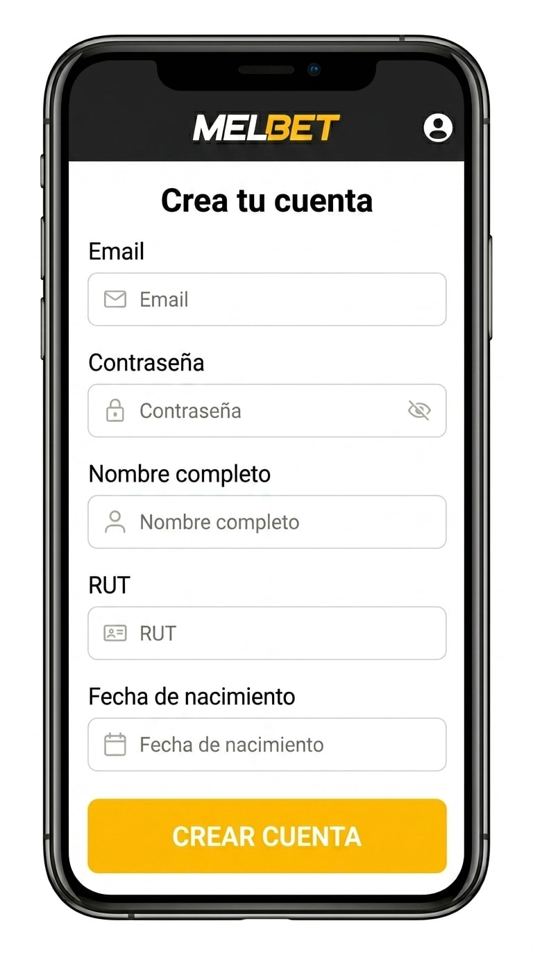 Formulario de registro de Melbet con email, contraseña y RUT