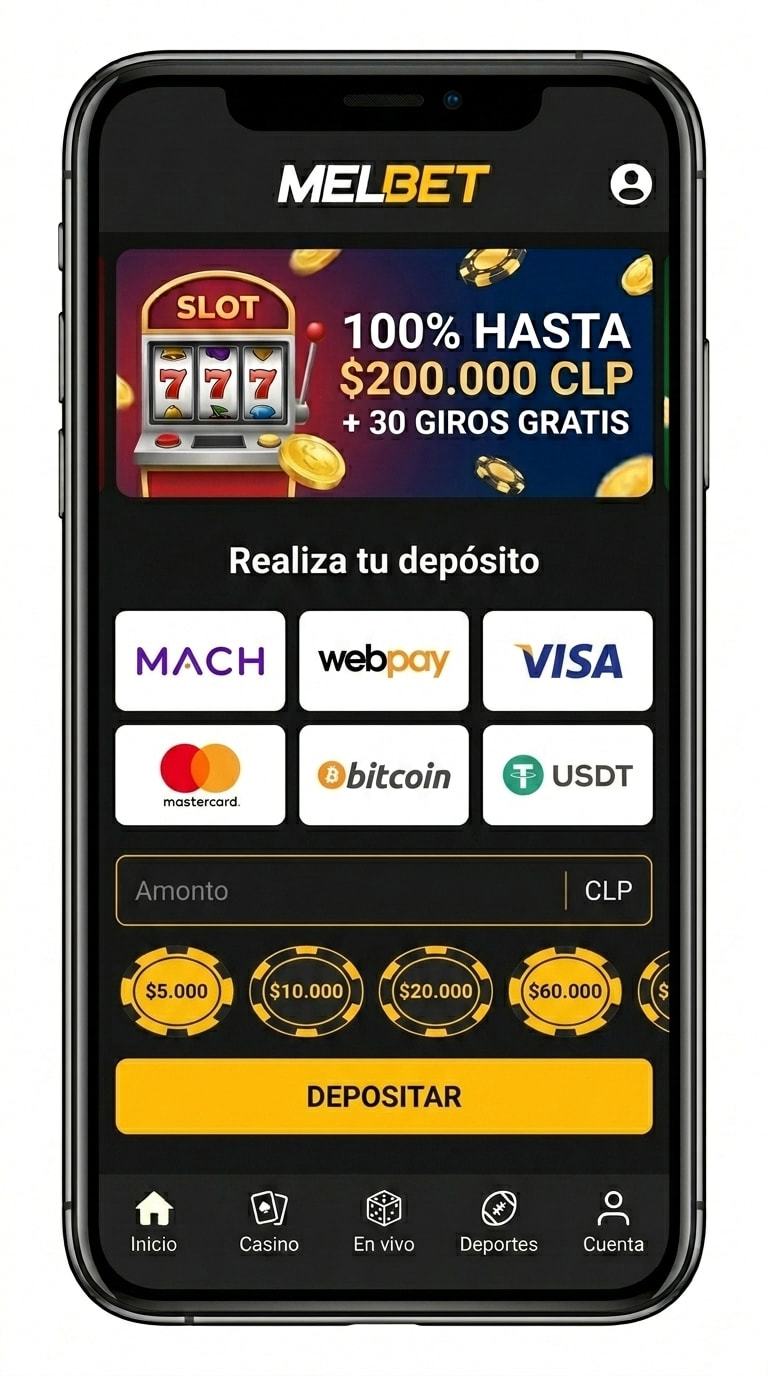 Pantalla de depósito de Melbet con MACH, WebPay, tarjetas y cripto