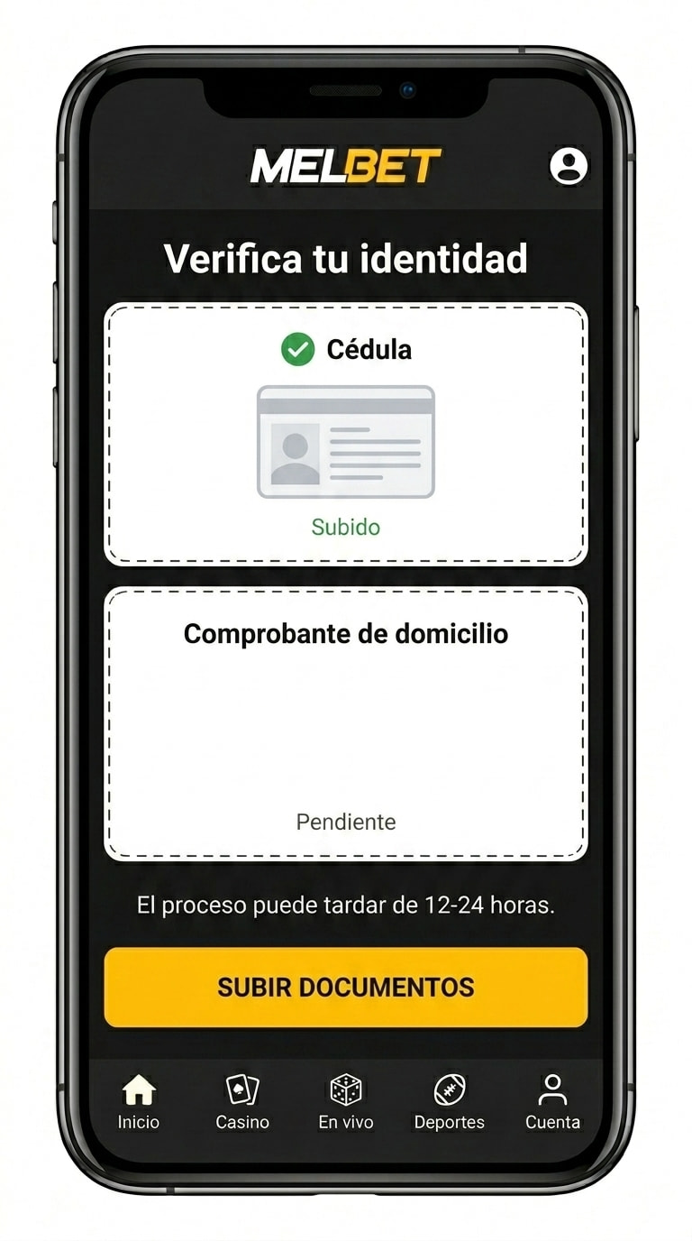 Pantalla de verificación KYC de Melbet con subida de cédula