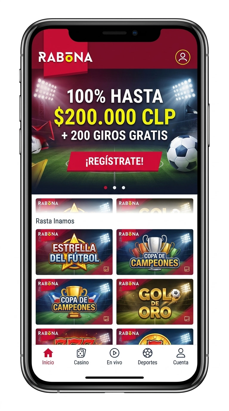 Pantalla de inicio de Rabona en el celular con el banner del bono de bienvenida