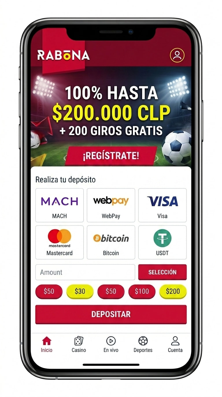 Pantalla de depósito de Rabona con MACH, WebPay, tarjetas y cripto