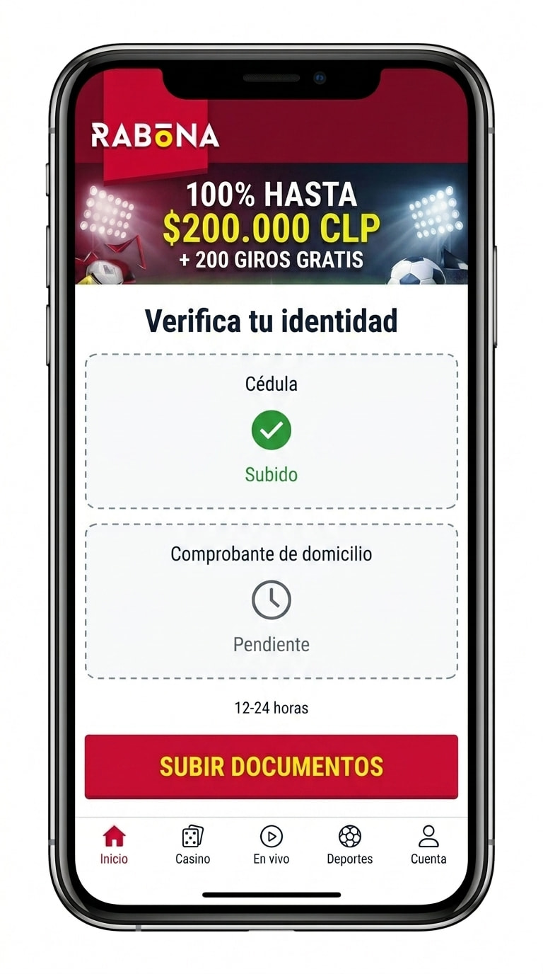 Pantalla de verificación KYC de Rabona con subida de cédula