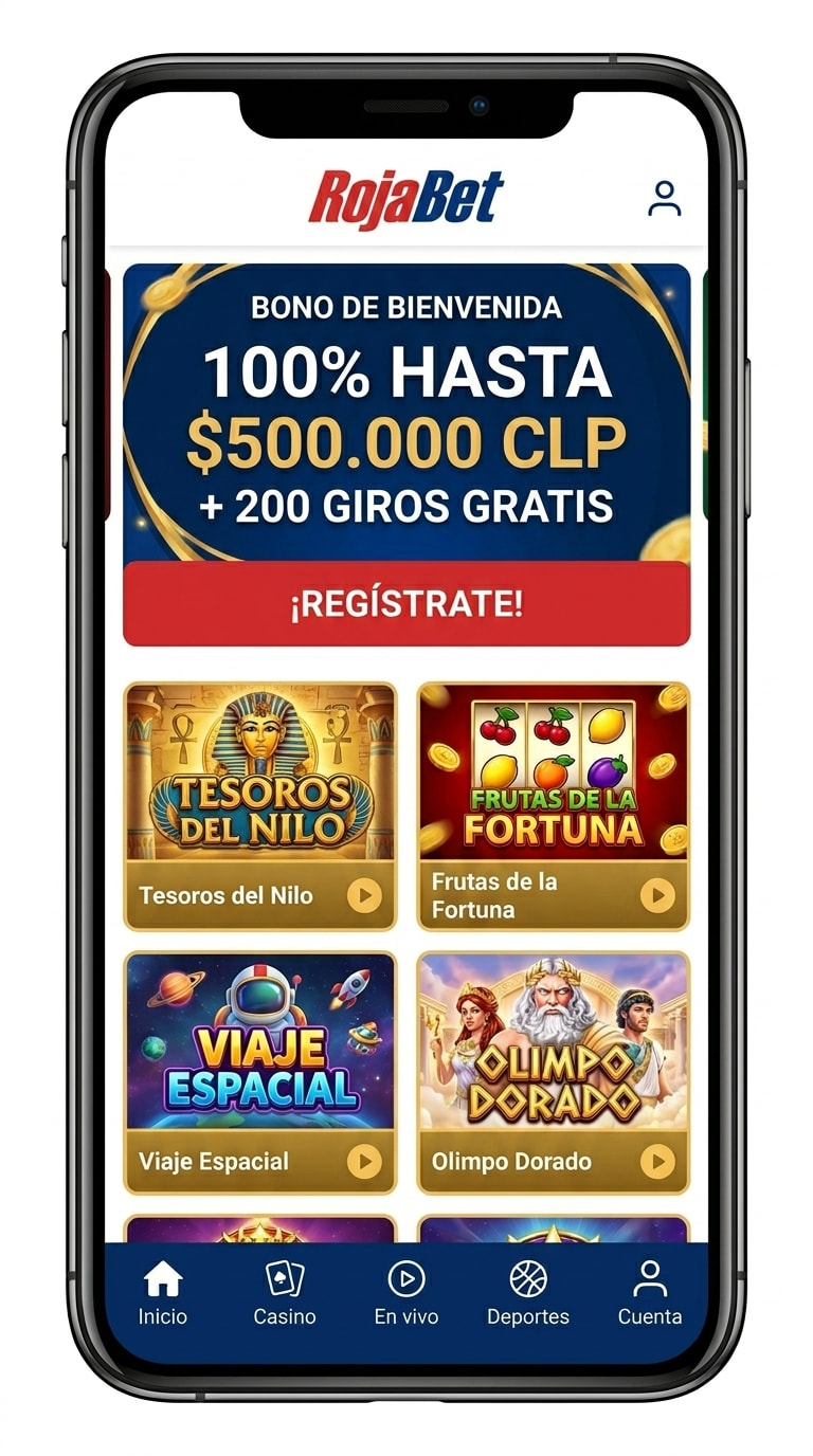 Pantalla de inicio de Rojabet en el celular con el banner del bono de bienvenida