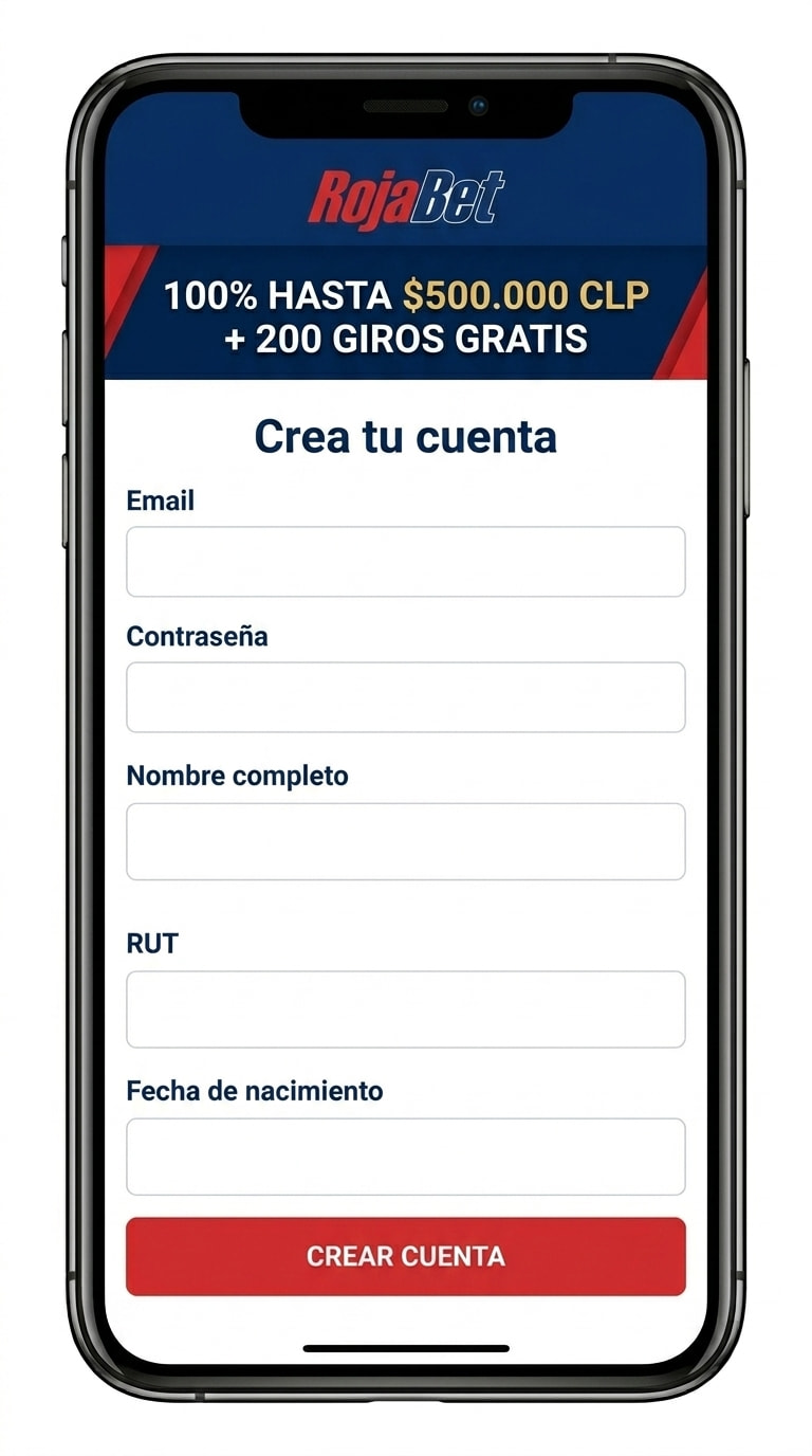 Formulario de registro de Rojabet con email, contraseña y RUT