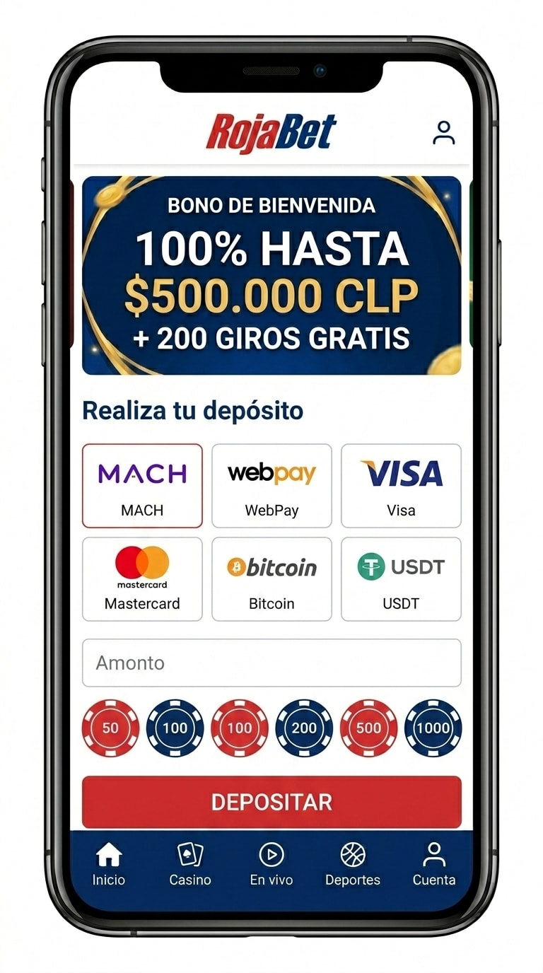 Pantalla de depósito de Rojabet con MACH, WebPay, tarjetas y cripto