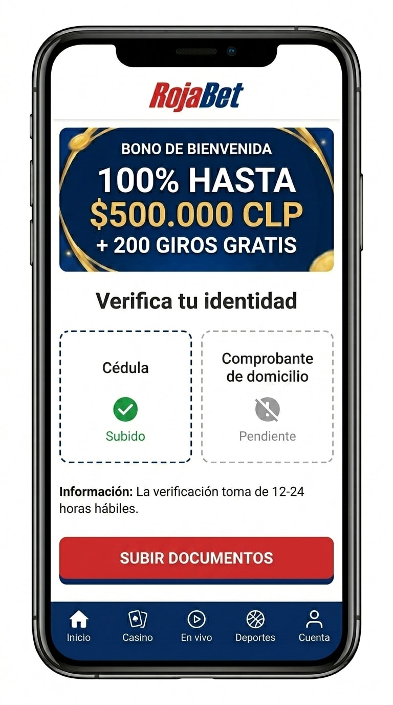 Pantalla de verificación KYC de Rojabet con subida de cédula