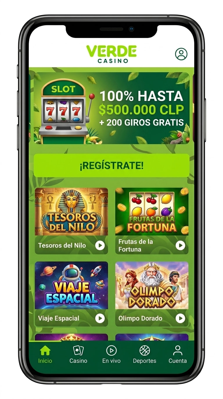 Pantalla de inicio de Verde Casino en el celular con el banner del bono de bienvenida
