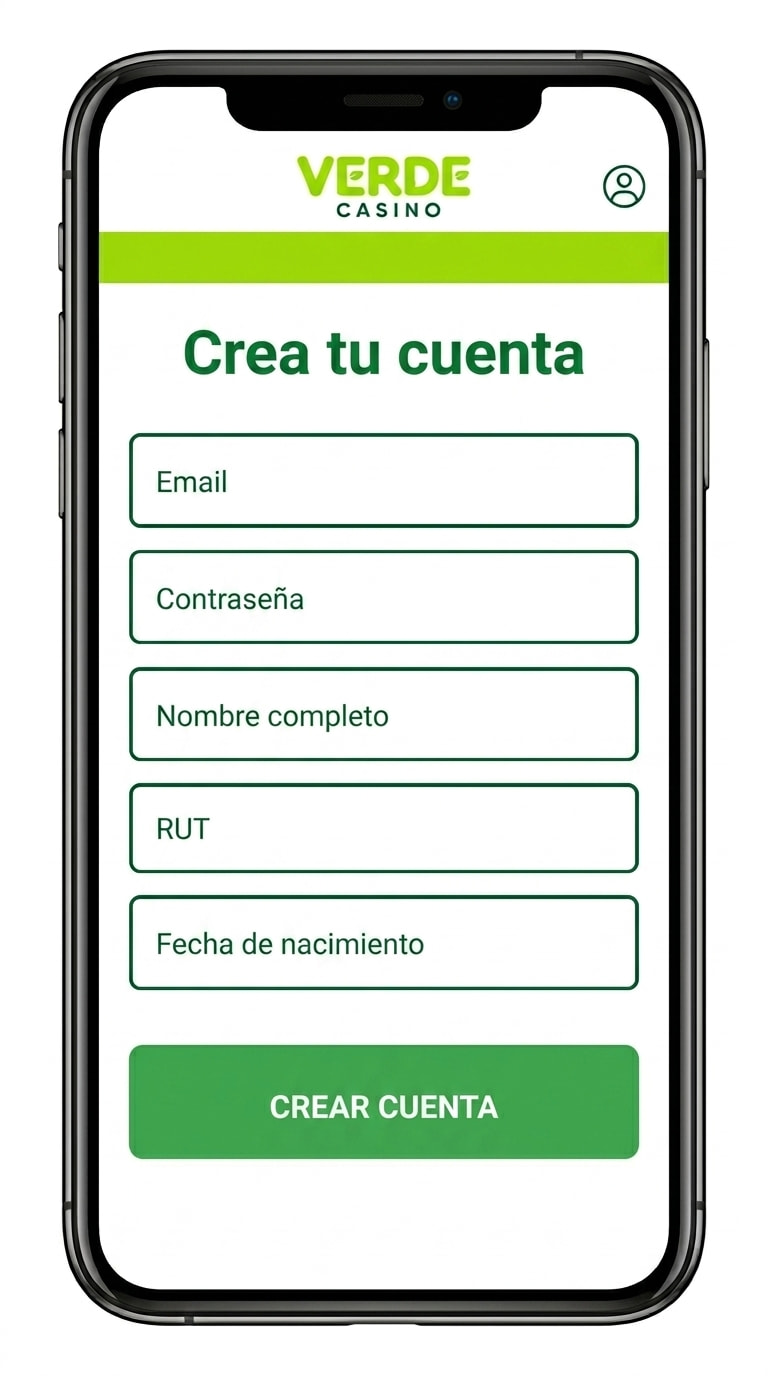 Formulario de registro de Verde Casino con email, contraseña y RUT