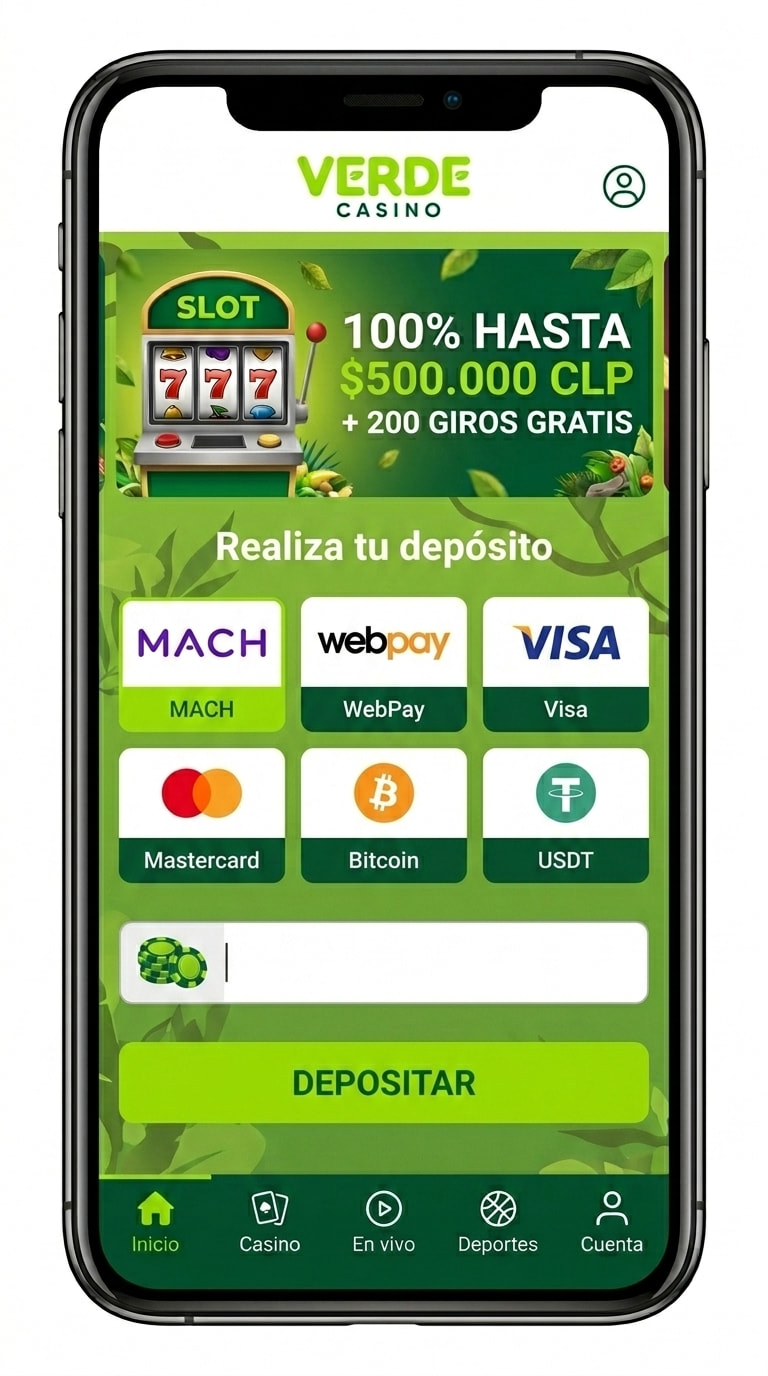 Pantalla de depósito de Verde Casino con MACH, WebPay, tarjetas y cripto