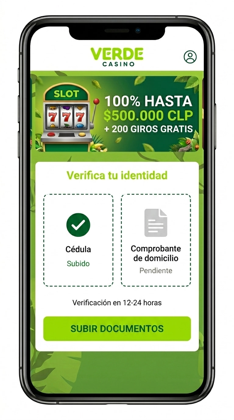 Pantalla de verificación KYC de Verde Casino con subida de cédula
