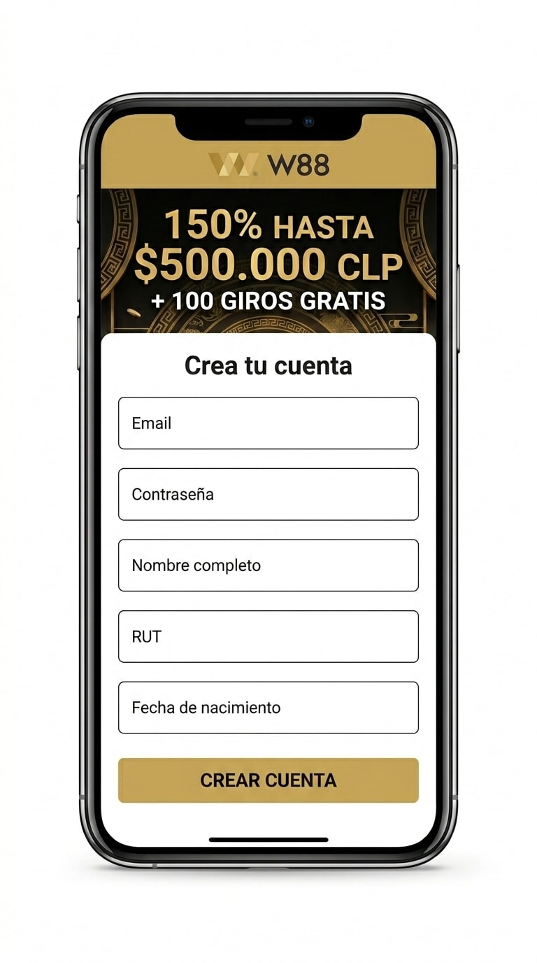 Formulario de registro de W88 con email, contraseña y RUT