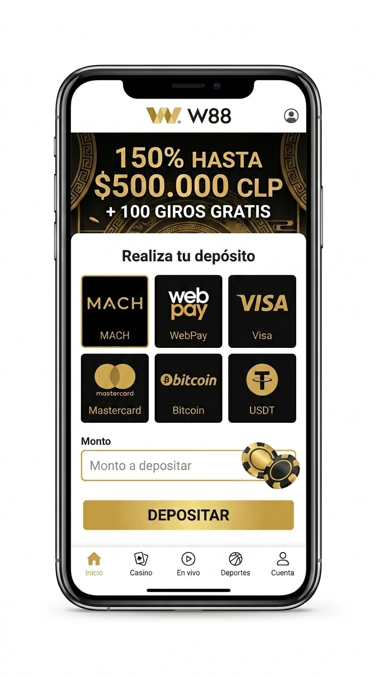 Pantalla de depósito de W88 con MACH, WebPay, tarjetas y cripto
